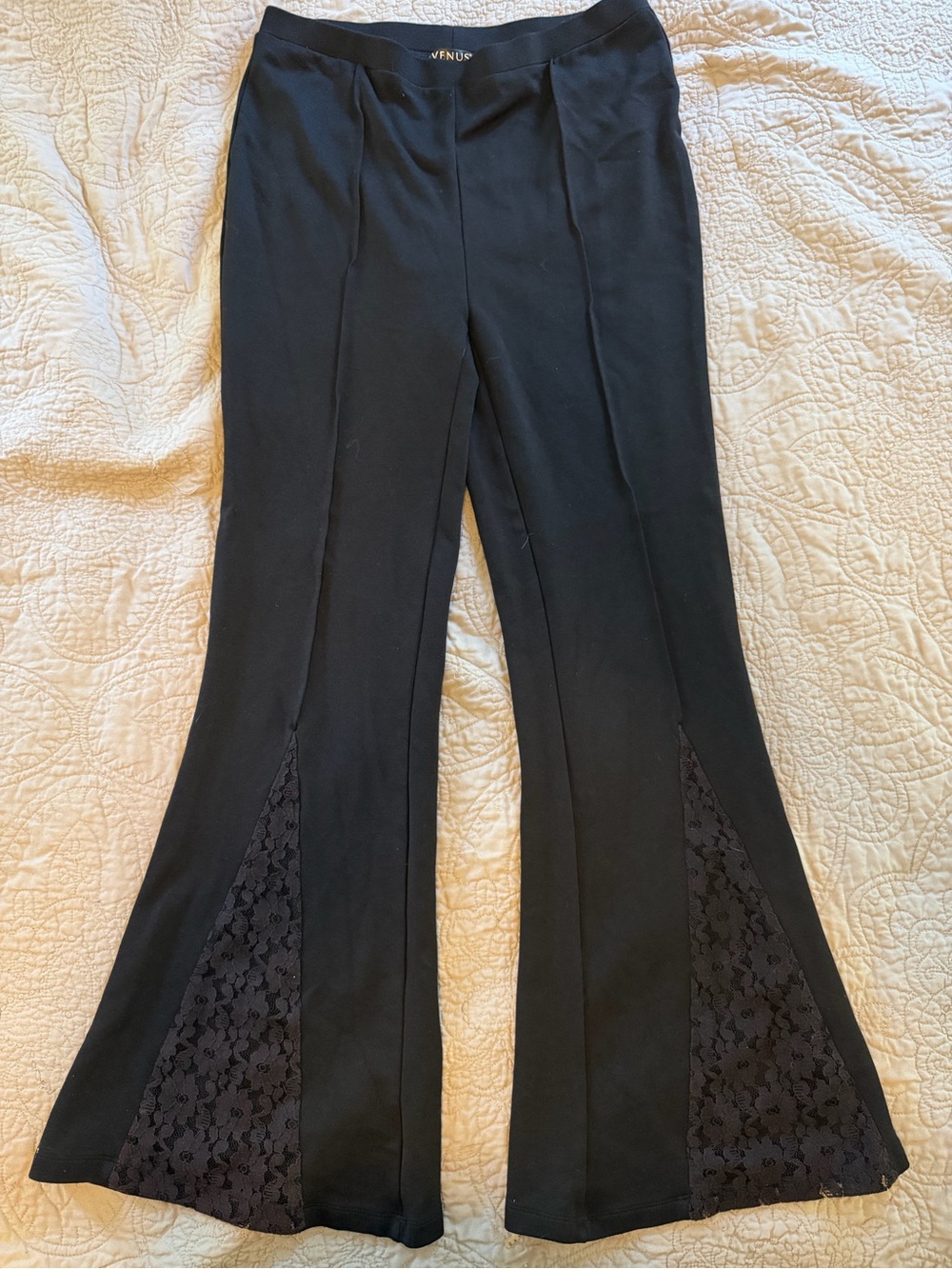 VENUS Black Boot Cut Pants with Lace Insets at bottom